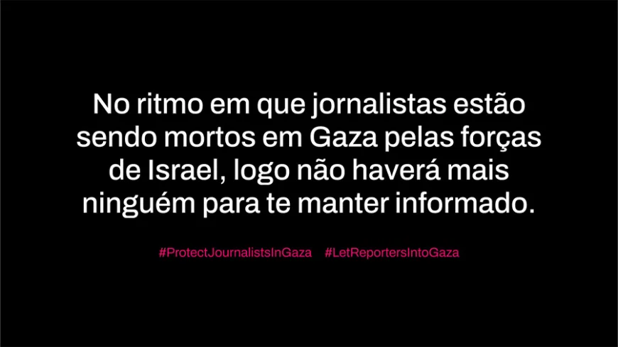 Imagem com fundo preto e texto branco alerta: jornalistas estão sendo mortos em Gaza e logo não haverá quem informe.