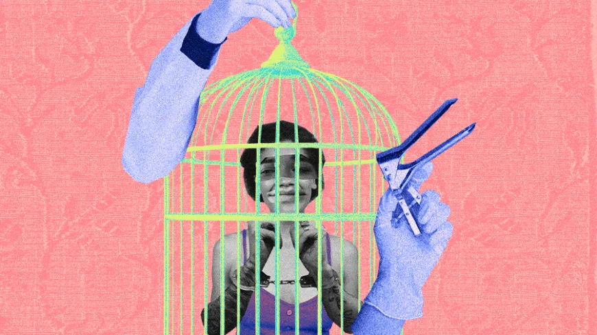 Colagem digital com fundo rosa mostra uma mulher dentro de uma gaiola verde. Mãos com luvas médicas manipulam a estrutura: uma segura a parte superior da gaiola e a outra segura um espéculo ginecológico, apontado para a mulher.