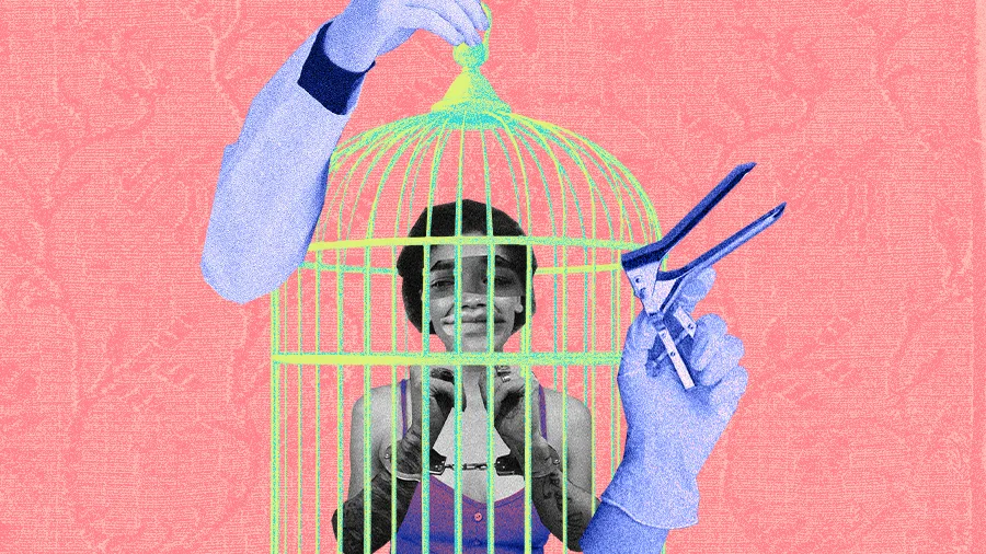 Colagem digital com fundo rosa mostra uma mulher dentro de uma gaiola verde. Mãos com luvas médicas manipulam a estrutura: uma segura a parte superior da gaiola e a outra segura um espéculo ginecológico, apontado para a mulher.