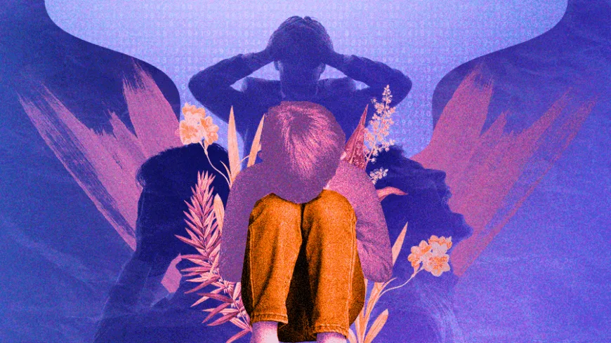 Colagem digital de criança sentada com a cabeça abaixada, cercada por flores. Ao redor dela, três silhuetas adultas: uma com a mão na cabeça, outra com a mão no rosto e outra gritando. A imagem, em tons de azul e roxo, expressa angústia e sofrimento.