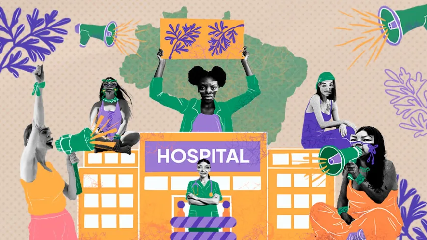 Colagem digital mostra mulheres diversas, em cores vibrantes, protestando com megafones e cartazes diante de um hospital, sobre o mapa do Brasil, simbolizando a luta por saúde, democracia e direitos reprodutivos.