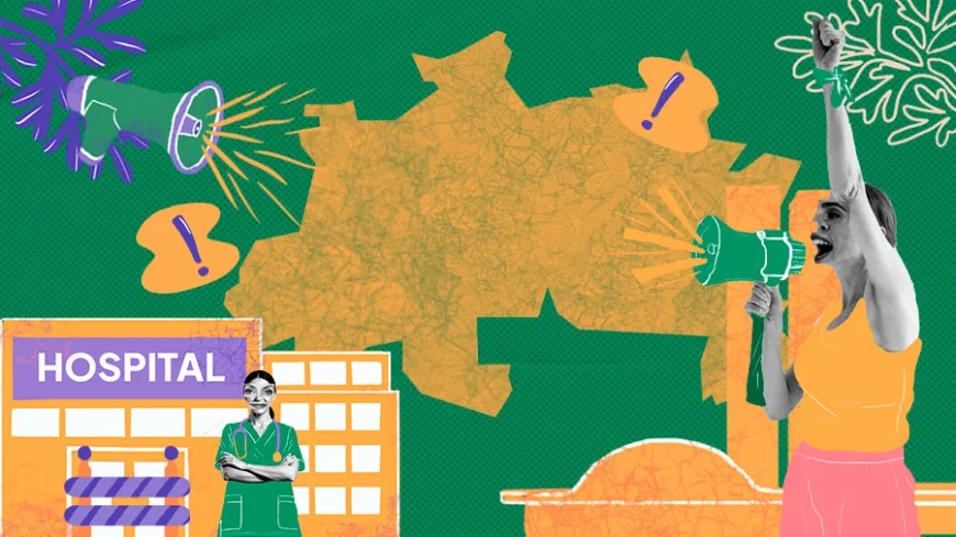 Colagem digital de fundo verde com textura pontilhada. À esquerda, aparece a fachada de um hospital estilizado em tons de laranja e roxo, com uma profissional de saúde de braços cruzados à frente. No canto direito, uma mulher ergue o punho e grita através de um megafone verde. Ao fundo, um mapa da região Norte do Brasil em laranja é destacado, cercado por ícones de megafones e pontos de exclamação.