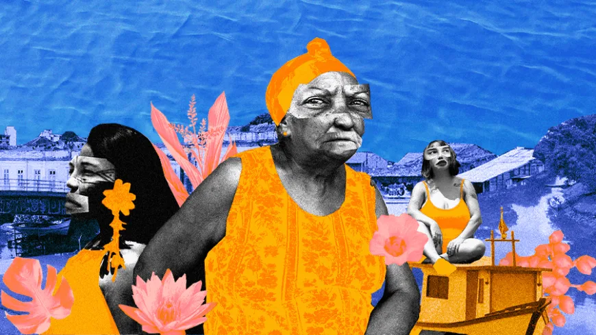 Colagem digital colorida que mostra três mulheres em destaque: ao centro, uma senhora idosa com expressão séria, usando roupa e turbante laranja; à esquerda, uma mulher indígena de perfil, com pintura no rosto e uma flor laranja sobreposta; à direita, uma jovem sentada em cima de um barco, também de roupa laranja. Ao fundo, há casas, montanhas e o mar, com elementos de flores espalhados pela composição.