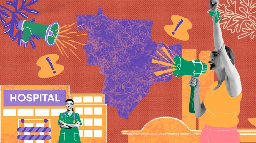Colagem colorida com fundo laranja. Ao centro, o mapa da região Centro-Oeste em roxo. À esquerda, um hospital e uma profissional de saúde. À direita, uma mulher grita em um megafone e ergue o punho em protesto. Megafones, pontos de exclamação e formas gráficas decoram a imagem.
