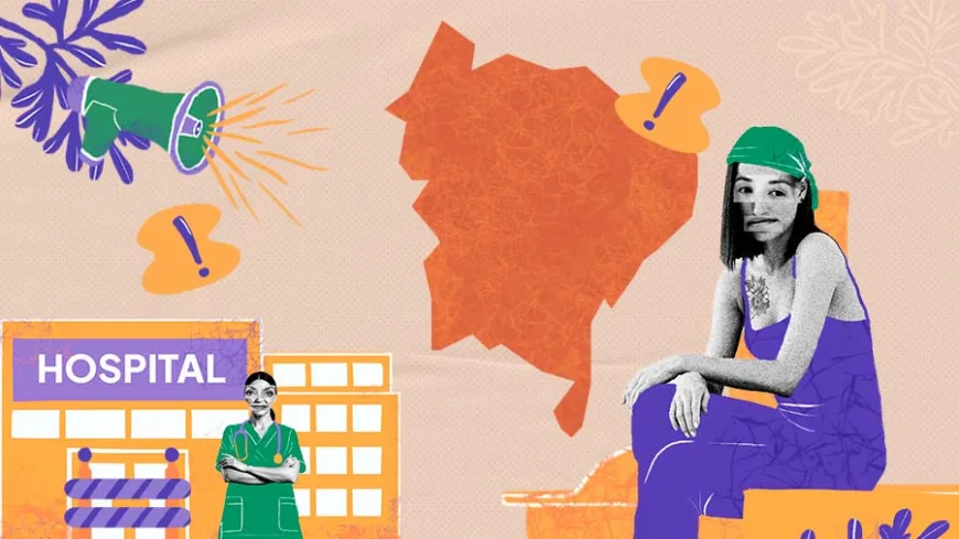 Colagem digital com tons laranja, roxo e verde. À esquerda, um hospital e uma profissional de saúde. No centro, mapa do Nordeste em destaque. À direita, uma mulher sentada com faixa preta na boca, em tom de denúncia. Elementos gráficos decorativos e megafones completam a cena.
