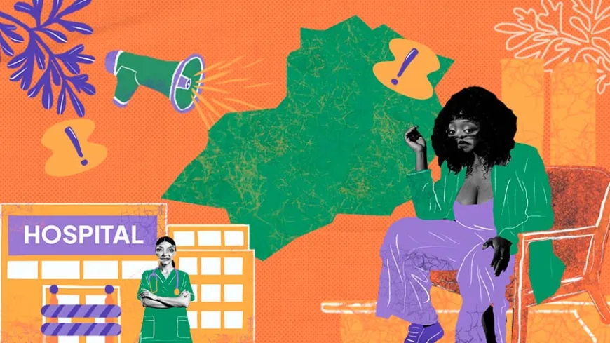 Ilustração digital vibrante que faz um contraponto entre duas realidades. À esquerda, um hospital simboliza a institucionalização da saúde, com um profissional de saúde de uniforme que parece distante da experiência pessoal da paciente. À direita, uma mulher negra, em roupas coloridas e com um semblante pensativo, representa a solidão e a reflexão sobre o processo de luta e resistência que envolve o acesso a direitos reprodutivos.