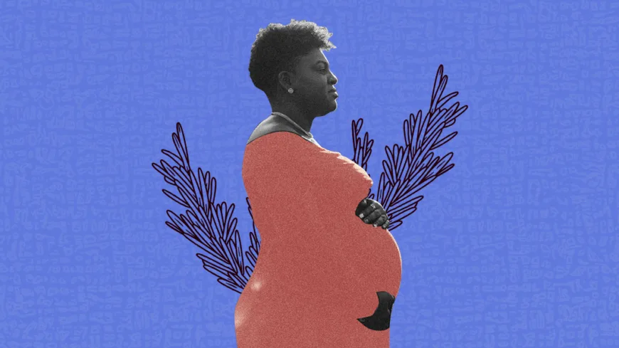 Mulher negra grávida em perfil, mãos na barriga, vestido coral em colagem; ramos desenhados atrás, sobre fundo azul texturizado.
