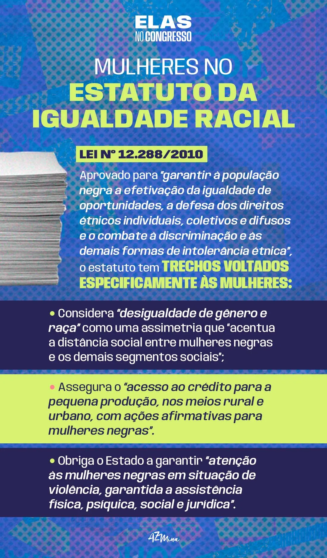 Infográfico em fundo azul da série Elas no Congresso com o título “Mulheres no Estatuto da Igualdade Racial (Lei nº 12.288/2010)”. Explica que o estatuto garante à população negra igualdade de oportunidades e combate à discriminação e traz trechos específicos para mulheres negras: define “desigualdade de gênero e raça” como assimetria que aumenta a distância social entre mulheres negras e outros grupos; assegura acesso ao crédito para pequena produção nos meios rural e urbano com ações afirmativas para mulheres negras; e obriga o Estado a garantir atenção às mulheres negras em situação de violência, com assistência física, psíquica, social e jurídica.