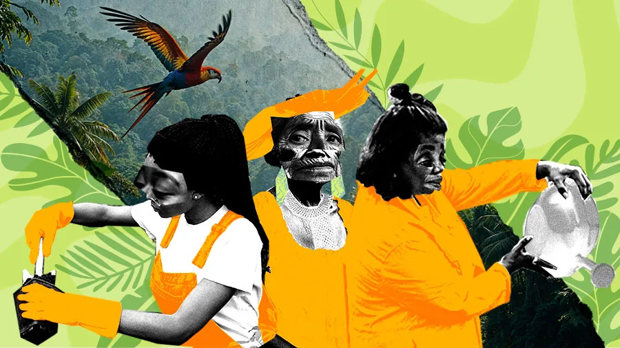 A colagem mostra três mulheres em preto-e-branco com corpos coloridos em laranja, realizando tarefas ligadas ao cuidado da terra. Ao fundo, aparece uma floresta tropical com folhagens verdes e montanhas enevoadas. Uma arara sobrevoa a cena, conectando as personagens ao ambiente amazônico. A composição mistura ancestralidade, natureza e trabalho coletivo.