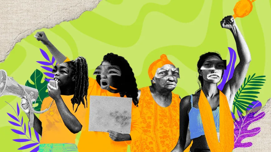 Colagem colorida com cinco mulheres alinhadas diante de um fundo verde com formas orgânicas. As figuras aparecem em preto e branco, enquanto roupas e elementos gráficos são coloridos em tons de laranja, azul e roxo. Uma mulher à esquerda segura um megafone; outra ergue o punho; a terceira grita segurando um cartaz em branco; a quarta usa lenço na cabeça; e a quinta levanta um braço com tecido laranja.