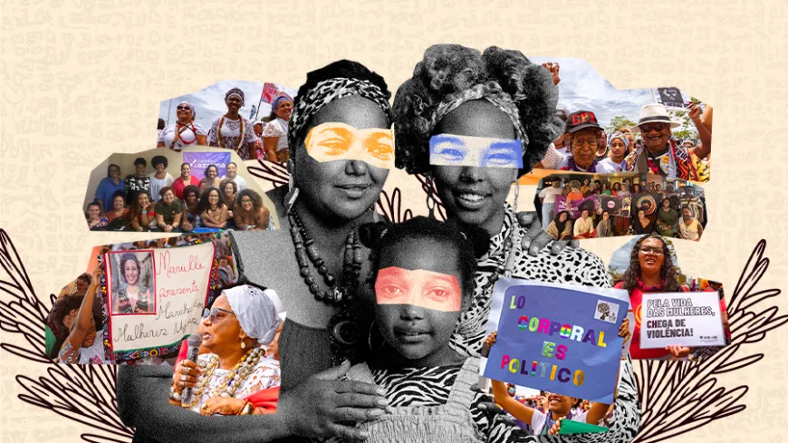 A imagem mostra uma colagem com fotografia central em preto-e-branco de três mulheres negras — duas adultas e uma criança — abraçadas, com faixas coloridas sobre os olhos. Ao redor, diversas fotos coloridas mostram grupos de mulheres negras em manifestações, eventos culturais e rodas de conversa.