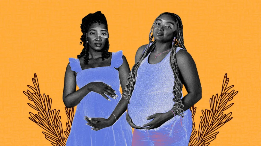 Duas mulheres negras grávidas em colagem P&B; vestidos lilás, mãos nas barrigas, sobre fundo laranja com folhas.