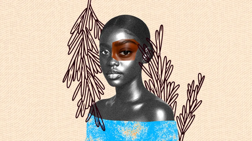 Colagem digital de uma mulher de pele escura em estilo de colagem digital, com textura granulada em preto e branco. Uma área retangular em tom marrom cobre a região dos olhos, criando um contraste destacado no rosto. Ela veste uma blusa azul com padrões amarelos. Atrás da figura, há ilustrações lineares de ramos e folhas em marrom escuro, sobre um fundo bege texturizado.
