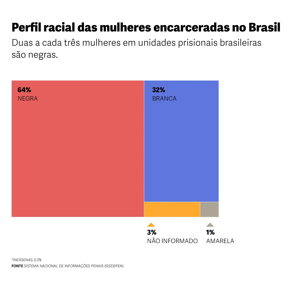 Gráfico com o título "Perfil racial das mulheres encarceradas no Brasil", ele diz: 64% da barra está colorida de vermelho, representando "Negra", enquanto 32% está em azul, representando "Branca". Há também pequenas seções em laranja (3%) como não informado e cinza (1%) como amarela.