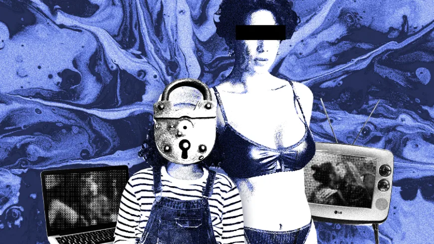 Colagem em tons de azul mostra, ao centro-direita, a silhueta de uma mulher adulta usando top e saia de couro sintético; os olhos estão cobertos por uma tarja preta. À esquerda, uma criança vestida com camiseta listrada e jardineira aparece com a cabeça substituída por um cadeado redondo, simbolizando a ilegalidade. Ao fundo, um notebook aberto exibe imagem pixelada; à direita, uma TV antiga ligada também mostra uma cena granulada.