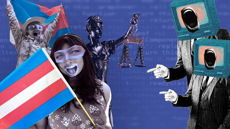 Colagem digital em tons de azul mostra mulheres trans em primeiro plano, uma delas segurando a bandeira trans. Ao fundo, aparecem uma estátua da justiça com balança, códigos digitais e figuras humanas com telas no lugar da cabeça, com bocas abertas, simbolizando ataques, ódio e violência digital contra pessoas trans.