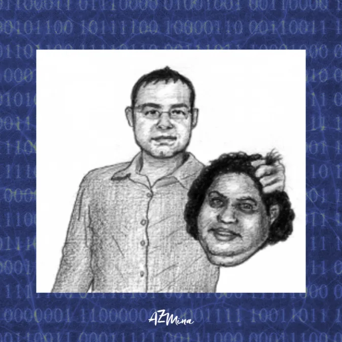 Imagem em preto e branco mostrando uma ilustração de duas pessoas. Um homem está de pé segurando a cabeça de uma mulher pela nuca, em um gesto de violência simbólica. O cenário tem fundo azul escuro com códigos binários em verde, destacando o ambiente digital. A imagem representa a incitação à violência e ataques misóginos, com o logotipo “AzMina” visível na parte inferior. A composição denuncia a cultura de ódio e intimidação contra mulheres feministas na internet.