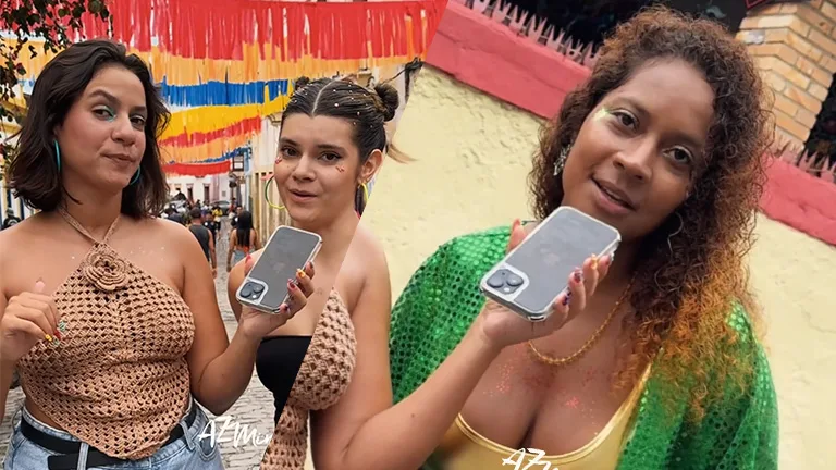 Montagem com dois prints de um vídeo. Na primeira parte mostra uma mulher usa um top de crochê bege, shorts jeans e brincos grandes de argola verde, com um brilho leve na pele, especialmente no rosto, e uma maquiagem com glitter entrevistando uma mulher com chiquinhas e glitter no cabelo. Na outra metade mostra a mesma mulher entrevistando outra pessoa, dessa vez uma mulher usa um top dourado, um cardigã verde e maquiagem com glitter dourado ao redor dos olhos e nas bochechas.