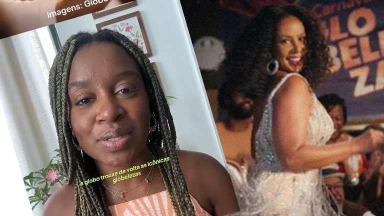 Imagem dividida em dois lados. À esquerda, uma mulher negra com tranças longas fala para a câmera em ambiente interno iluminado. À direita, outra mulher negra aparece dançando sorridente em um palco, usando vestido brilhante. Sobre a imagem há o texto: “a globo trouxe de volta as icônicas globelezas”.