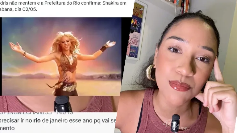 Imagem dividida em dois elementos. À direita, uma mulher de pele clara a média, com cabelo preso, usa brincos grandes de argola e uma blusa sem mangas. Ela apoia o rosto na mão, olhando diretamente para a câmera, com expressão atenta. À esquerda, aparece um recorte de vídeo da Shakira dançando em um cenário colorido. Sobre a imagem, há trechos de texto em português, como se fossem prints de redes sociais.