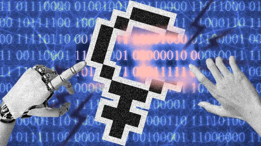 Colagem digital com fundo azul coberto por números binários. No centro, um símbolo feminino em estilo pixelado aparece com efeito luminoso rosado. À esquerda, uma mão robótica aponta em direção ao símbolo; à direita, uma mão humana se estende na mesma direção. A imagem sugere um encontro entre tecnologia e humanidade, com foco em gênero.