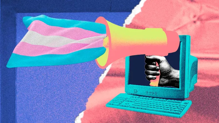 Colagem digital em cores vibrantes. À direita, um computador antigo exibe uma mão em preto e branco saindo da tela e segurando um megafone. Do megafone, sai uma bandeira trans com listras em azul, rosa e branco, como se fosse som se transformando em símbolo. O fundo mistura tons de azul e rosa com texturas rasgadas, criando um visual gráfico e político.