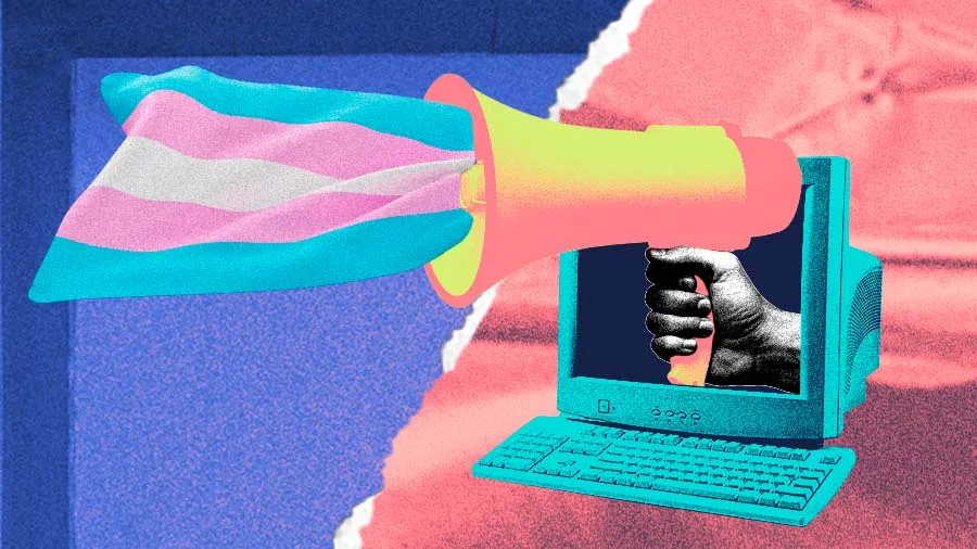 Colagem digital em cores vibrantes. À direita, um computador antigo exibe uma mão em preto e branco saindo da tela e segurando um megafone. Do megafone, sai uma bandeira trans com listras em azul, rosa e branco, como se fosse som se transformando em símbolo. O fundo mistura tons de azul e rosa com texturas rasgadas, criando um visual gráfico e político.