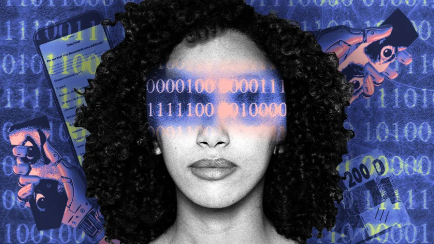 Ilustração mostra o rosto de uma mulher negra em preto e branco, com uma faixa azul de códigos binários cobrindo os olhos, simbolizando censura algorítmica. Ao fundo, tons de azul com números binários, uma mão robótica segurando um celular com notificações, outra mão mecânica apontando, e uma nota de dinheiro, sugerindo vigilância, ódio digital e lucro das plataformas.