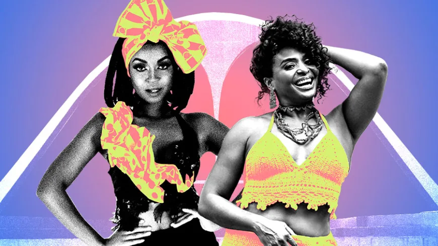 Colagem digital mostra duas mulheres negras em primeiro plano. À esquerda, uma mulher posa com a mão na cintura, usando um grande laço na cabeça e roupa com detalhes em amarelo neon. À direita, outra mulher sorri amplamente, com cabelo crespo volumoso, usando top e saia em tons de amarelo e rosa. O fundo é roxo e azul, com um arco estilizado em rosa claro atrás das personagens, criando um clima vibrante e afirmativo.