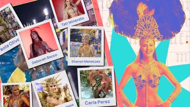 Colagem colorida reúne fotos de mulheres fantasiadas no Carnaval. À esquerda, imagens em estilo polaroid mostram musas com fantasias brilhantes, penas e pedrarias, com nomes como Deborah Secco, Sheron Menezzes, Carla Perez e Tati Minerato escritos abaixo. À direita, uma mulher loira aparece em destaque, usando fantasia azul e dourada com grande adorno de penas na cabeça, sobre fundo vibrante em tons de rosa e verde.