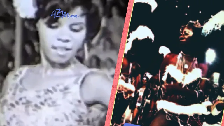 Imagem dividida em dois lados. À esquerda, uma mulher aparece em registro antigo, em preto e branco, dançando e olhando para baixo. À direita, outra mulher negra surge em cena colorida, usando fantasia brilhante em um desfile noturno, iluminada por luzes intensas. No canto superior esquerdo está escrito “AzMina”.