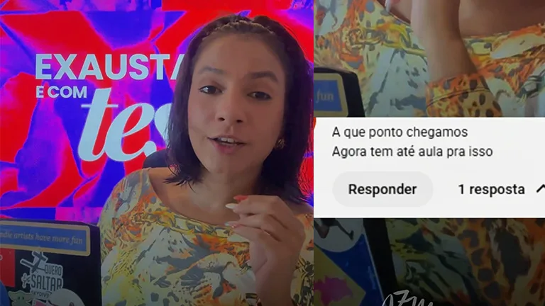 Imagem dividida em dois lados. À esquerda, uma mulher fala para a câmera diante de um fundo colorido em tons de rosa e azul com a frase “EXAUSTA E COM te…”, parcialmente visível. À direita, aparece a captura de um comentário em rede social com o texto: “A que ponto chegamos Agora tem até aula pra isso”, seguido do botão “Responder” e “1 resposta”.