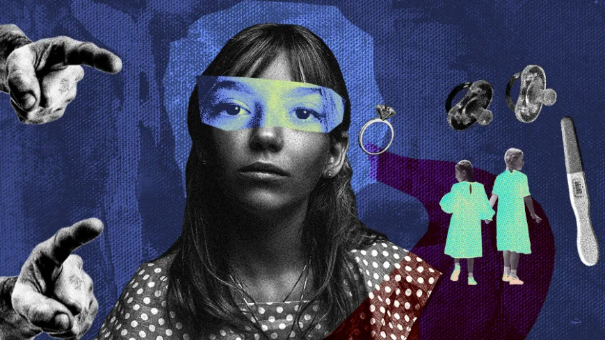 Colagem digital em tons de azul e roxo. No centro, uma menina de expressão séria olha para frente. Mãos apontam para ela, enquanto ao lado surgem um teste de gravidez, um anel, chupetas e duas crianças, sugerindo julgamento e imposições.