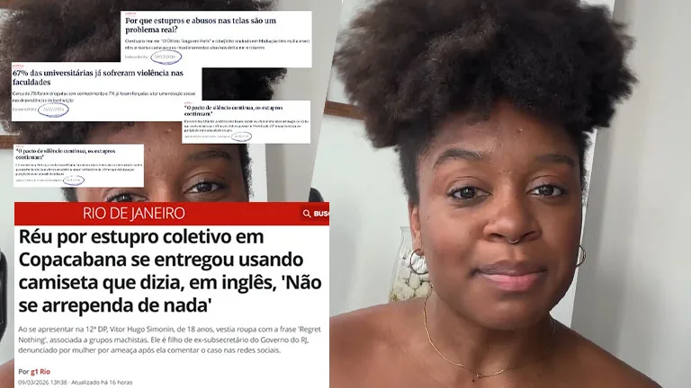 Imagem dividida em dois elementos. À direita, uma mulher negra jovem aparece em primeiro plano, olhando diretamente para a câmera, com cabelo natural volumoso preso em duas partes. Ela está em um ambiente interno claro. À esquerda, há uma montagem de recortes de manchetes e textos jornalísticos sobre violência sexual e estupro, incluindo dados sobre violência em universidades e uma notícia sobre um caso de estupro coletivo no Rio de Janeiro. A composição sugere uma reflexão ou comentário sobre a cobertura da violência contra mulheres.