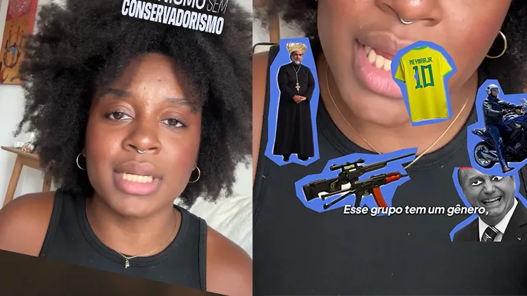 À esquerda, uma mulher negra jovem, de pele média-escura, aparece em close, olhando diretamente para a câmera. Ela tem cabelo crespo volumoso, preso em formato arredondado, e usa um piercing no septo, brincos pequenos de argola e uma blusa preta sem mangas. Sua expressão é séria e engajada, como se estivesse explicando algo. Ao fundo, um ambiente interno desfocado, com tons neutros. No topo da imagem, lê-se parcialmente o texto “FEMINISMO SEM CONSERVADORISMO”. À direita, um recorte ampliado da parte inferior do rosto da mesma mulher, mostrando sua boca enquanto fala. Sobre esse lado, há uma colagem de imagens com fundo azul: um líder religioso vestido de preto com chapéu dourado, uma camisa amarela da seleção brasileira com o nome “Neymar Jr.” e o número 10, uma arma de fogo estilizada, um homem em uma motocicleta e o rosto de um político sorrindo. Sobre a colagem, aparece a frase: “Esse grupo tem um gênero,” sugerindo uma crítica à associação entre masculinidade e determinados símbolos de poder, política e conservadorismo.