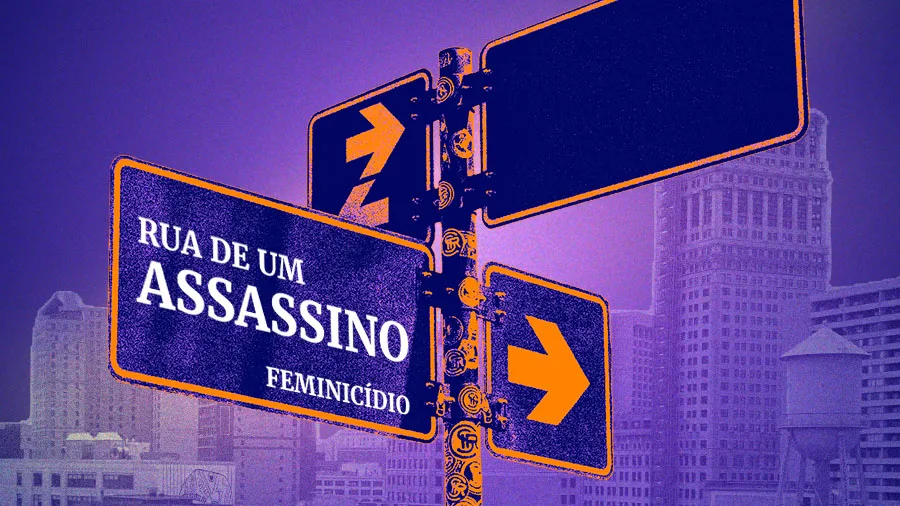 Colagem digital em tons de roxo e laranja. No centro, um poste com placas de rua aponta em diferentes direções. Em uma das placas está escrito “Rua de um assassino” e, abaixo, “Feminicídio”. Ao fundo, aparece a silhueta de prédios de uma cidade, criando uma atmosfera urbana e sombria.