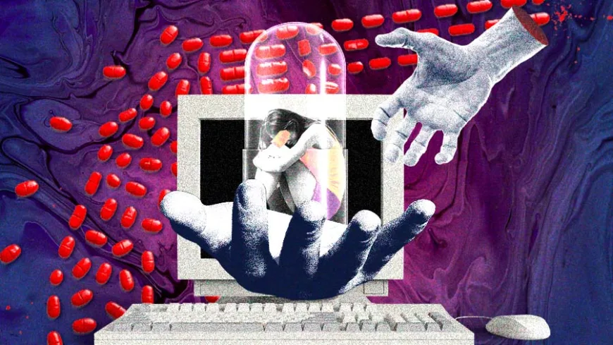 Colagem digital em tons de roxo e vermelho. No centro, um computador exibe a imagem de uma mulher encolhida, abraçando os joelhos, como se estivesse em sofrimento. Uma grande mão surge de dentro da tela segurando uma cápsula transparente, dentro da qual está a figura da mulher. Ao redor, várias pílulas vermelhas se espalham pelo fundo. À direita, outra mão se estende em direção à cápsula.