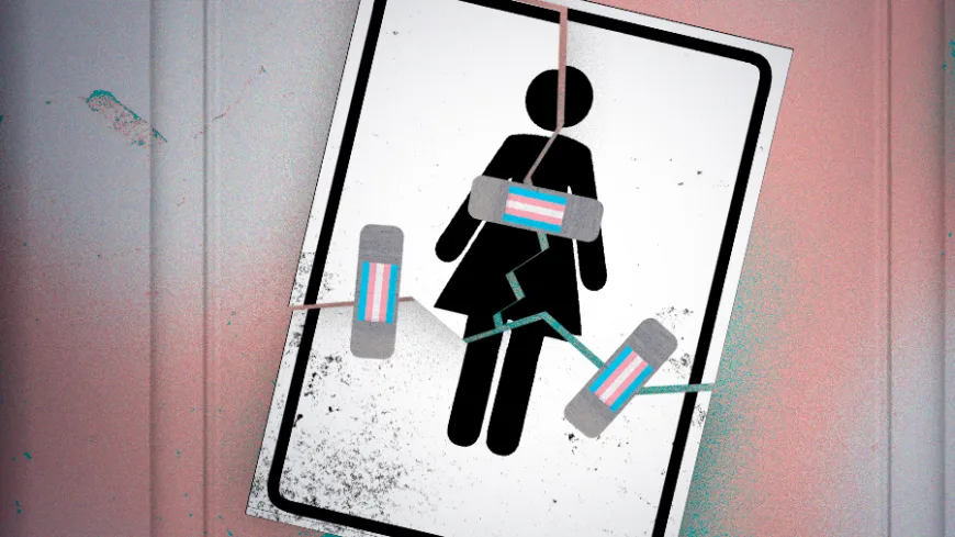 Ilustração em estilo de colagem. No centro, uma placa de banheiro feminino aparece inclinada, com o pictograma de uma pessoa de vestido. A placa está rasgada em diferentes partes, e os rasgos são cobertos por curativos com as cores da bandeira trans — azul, rosa e branco. O fundo mistura tons rosados e azulados com textura de parede.