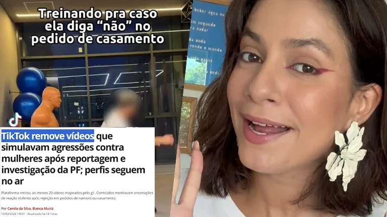 Imagem dividida em dois elementos. À esquerda, aparece um vídeo gravado em ambiente interno de academia ou sala de treino, com um boneco de treinamento e a frase em destaque: “Treinando pra caso ela diga ‘não’ no pedido de casamento”. Abaixo, há um recorte de manchete informando que o TikTok removeu vídeos que simulavam agressões contra mulheres após reportagem e investigação. À direita, uma mulher jovem aparece em primeiro plano, olhando para a câmera e levantando um dedo, como se estivesse explicando algo. Ela usa brincos grandes em formato de flor e maquiagem com delineado rosa.