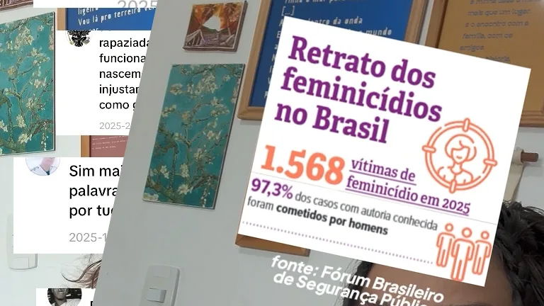 Imagem com fundo que lembra capturas de tela de redes sociais e um ambiente interno com quadros na parede. Em primeiro plano, aparece um card informativo com o título “Retrato dos feminicídios no Brasil”. O card destaca o número “1.568 vítimas de feminicídio em 2025” e informa que “97,3% dos casos com autoria conhecida foram cometidos por homens”. Na parte inferior, está a fonte: Fórum Brasileiro de Segurança Pública. O layout usa cores como roxo, laranja e branco, com ícones que representam pessoas e um alvo.