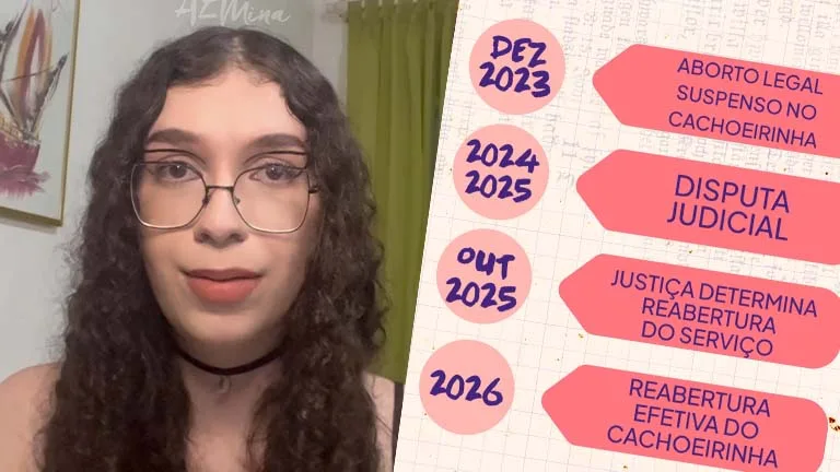 A imagem está dividida em duas partes. Na parte esquerda, há uma foto de uma mulher com cabelos longos e cacheados, usando óculos de aro grosso. Ela está olhando diretamente para a câmera com uma expressão séria e focada. Ela veste uma blusa de manga curta de cor clara, provavelmente branca, e está em um ambiente com fundo neutro, com uma parede amarela ao fundo e uma janela. A iluminação da imagem é suave, destacando seu rosto. À direita da imagem, aparece uma linha do tempo organizada verticalmente, com caixas coloridas conectadas por setas. A linha do tempo está estruturada da seguinte forma: No topo, em uma caixa rosa claro, está escrito "Dez 2023 - Aborto Legal Suspenso no Cachoeirinha". A seguir, em uma caixa roxa, está escrito "2024/2025 - Disputa Judicial". Abaixo, em uma caixa rosa, está escrito "Out 2025 - Justiça Determina Reabertura do Serviço". Por fim, em uma caixa roxa, está a última etapa da linha do tempo, escrita: "2026 - Reabertura Efetiva do Cachoeirinha". A imagem combina a foto da mulher com a linha do tempo, sugerindo a relação dela com a luta pelos direitos reprodutivos e o contexto do aborto legal no Brasil.