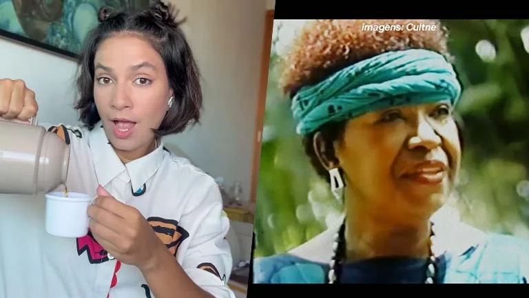 A imagem está dividida em duas partes, lado a lado. À esquerda, aparece uma mulher jovem, de pele morena, com cabelo curto escuro na altura do queixo, levemente ondulado. Ela veste uma camisa branca com estampa colorida e segura uma garrafa térmica inclinada, despejando um líquido em uma pequena xícara branca. Sua expressão é animada, com a boca levemente aberta, como se estivesse falando. O fundo é um ambiente interno, com parede clara e um quadro ao fundo. À direita, há uma imagem de arquivo com aparência mais granulada e em tons quentes. Nela está Lélia Gonzalez, mulher negra, sorrindo suavemente. Ela usa um lenço verde amarrado na cabeça, brincos claros e roupas em tons de azul. O fundo é externo, com vegetação desfocada. No canto superior da imagem está escrito “imagens: Cultne”. A composição coloca lado a lado uma apresentadora contemporânea e um registro histórico de Lélia Gonzalez, sugerindo uma conexão entre o conteúdo apresentado e a trajetória da intelectual.