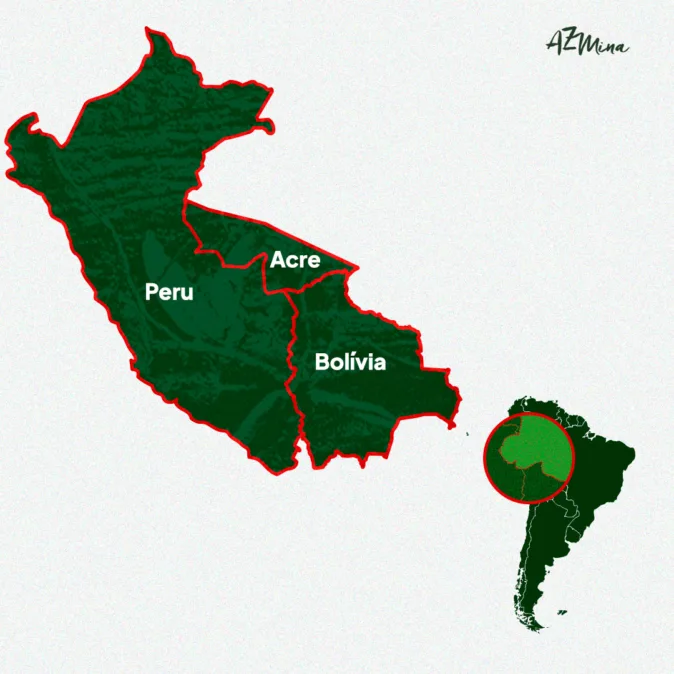 A imagem mostra um mapa estilizado da América do Sul, com destaque para a região de fronteira entre Brasil, Peru e Bolívia.

À esquerda, há um recorte ampliado da área, preenchido em verde escuro e contornado por uma linha vermelha. Dentro desse recorte, aparecem os nomes dos territórios: “Peru” à esquerda, “Bolivia” à direita e “Acre” na parte superior direita, indicando o estado brasileiro.

As fronteiras entre esses territórios estão marcadas por linhas vermelhas, evidenciando os limites geopolíticos da região.

À direita da imagem, há um mapa menor da América do Sul inteira, também em verde escuro. Um círculo vermelho destaca a mesma região ampliada, indicando sua localização no continente.

O fundo é claro, com textura leve, e no canto superior direito aparece a assinatura “AzMina”.

A imagem tem caráter informativo e geográfico, destacando a posição estratégica do Acre na tríplice fronteira com Peru e Bolívia.