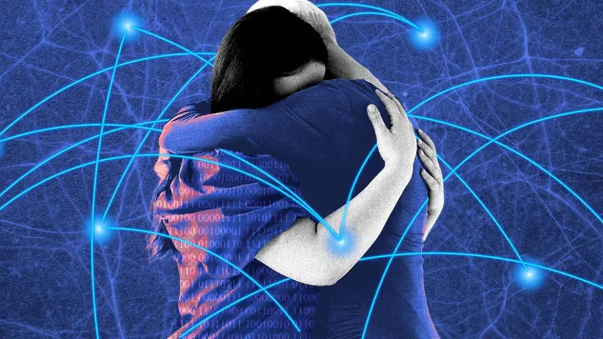 A imagem mostra duas mulheres se abraçando em um fundo digital, com códigos binários e linhas de rede conectando seus corpos, simbolizando a troca de informações ou apoio no universo digital. O fundo é de um tom roxo, e as linhas luminosas em azul conectam os corpos e transmitem a ideia de conexão, principalmente no campo virtual. A imagem transmite a ideia de união e empoderamento feminino por meio da tecnologia, com um destaque para o uso da rede e do digital como ferramenta de acolhimento.
