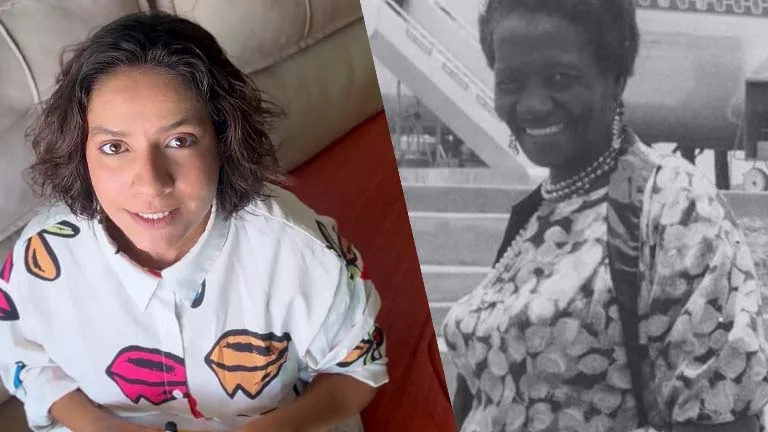 Imagem tem tela dividida, de um lado está Malu, uma mulher negra de pele clara e cabelos levemente ondulados, e do outro a escritora Carolina Maria de Jesus, uma mulher negra retinta
