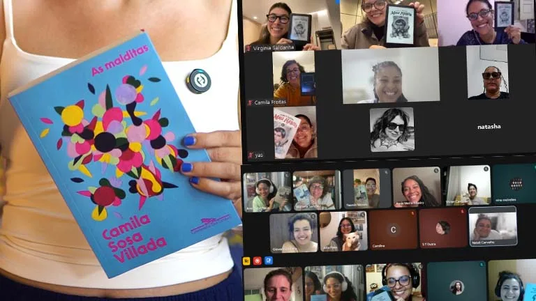 Montagem visual composta por uma foto em close de uma pessoa segurando o livro As Malditas, de Camila Sosa Villada, com capa azul vibrante e ilustração colorida, ao lado de uma captura de tela de uma reunião virtual do Clube do Livro d’AzMina.