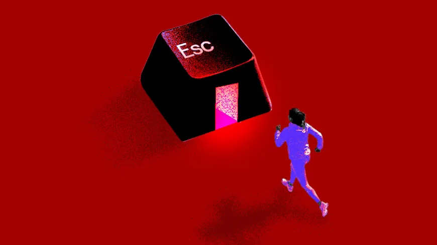 Ilustração em fundo vermelho mostra uma pessoa correndo em direção a uma grande tecla preta de computador com a palavra “Esc”, simbolizando tentativa de fuga diante da violência sexual digital