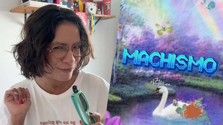 Tela dividida mostra Malu, mulher negra não retinta, e um print com um patinho e escrito machismo