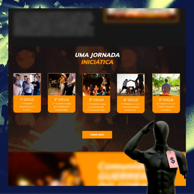 Página do site Guerreiros do Coração em tons escuros mostra a seção “Uma jornada iniciática”, com cinco cards laranja numerados como ciclos. Cada card traz uma imagem pequena e textos sobre etapas de uma jornada masculina. Ao fundo, aparecem imagens desfocadas de homens em atividades coletivas. No canto inferior direito, há um manequim masculino preto fazendo continência, com uma etiqueta rosa com cifrão pendurada no peito.
