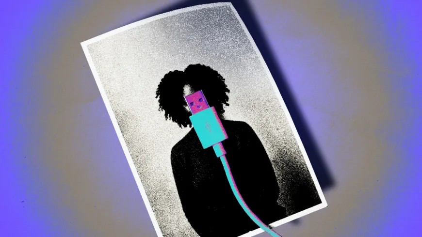 Ilustração mostra uma fotografia em preto e branco de uma pessoa com cabelos crespos e volumosos, vestindo roupa escura, parcialmente encoberta por um cabo USB colorido em azul e rosa que atravessa seu rosto. A imagem está sobre uma superfície cinza com iluminação em tons azulados e roxos. O contraste entre o retrato humano e o conector digital sugere temas como tecnologia, identidade, conexão, vigilância ou os impactos das plataformas digitais sobre a vida das pessoas.